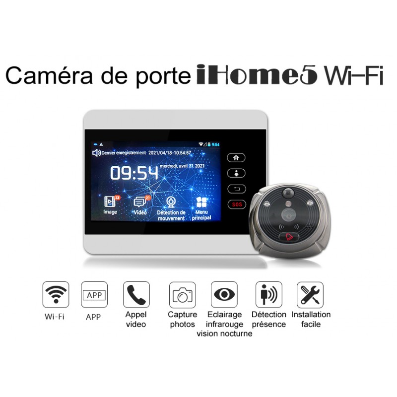 Judas numérique (caméra de porte) WiFi et GSM, iHOME 5, avec écran couleur  HD 4“, interphone vidéo