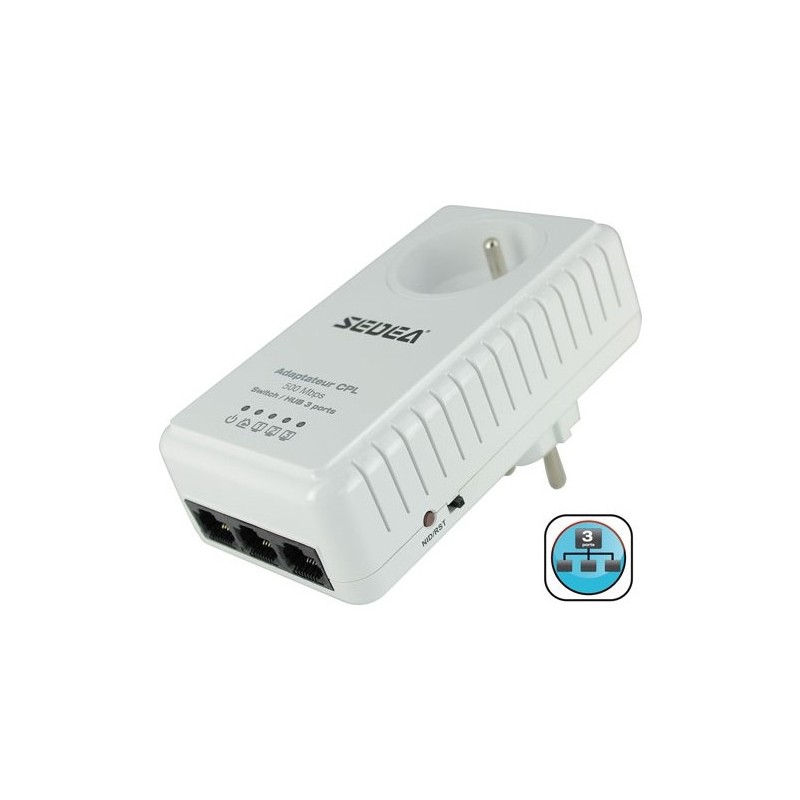 Adaptateur CPL 500Mbps HUB 3 ports avec prise de courant filtrée